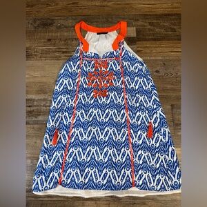 THML Embroidered Boho Mini Dress Small Blue White Ikat Tassel